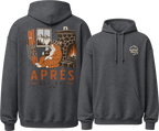 Dark heather gray hoodie with 'Apres All Day' graphic on the back and Alpine Wolf logo on the front, displayed from two angles.