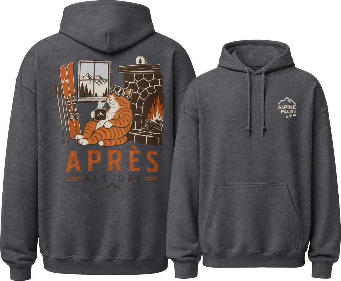 Dark heather gray hoodie with 'Apres All Day' graphic on the back and Alpine Wolf logo on the front, displayed from two angles.