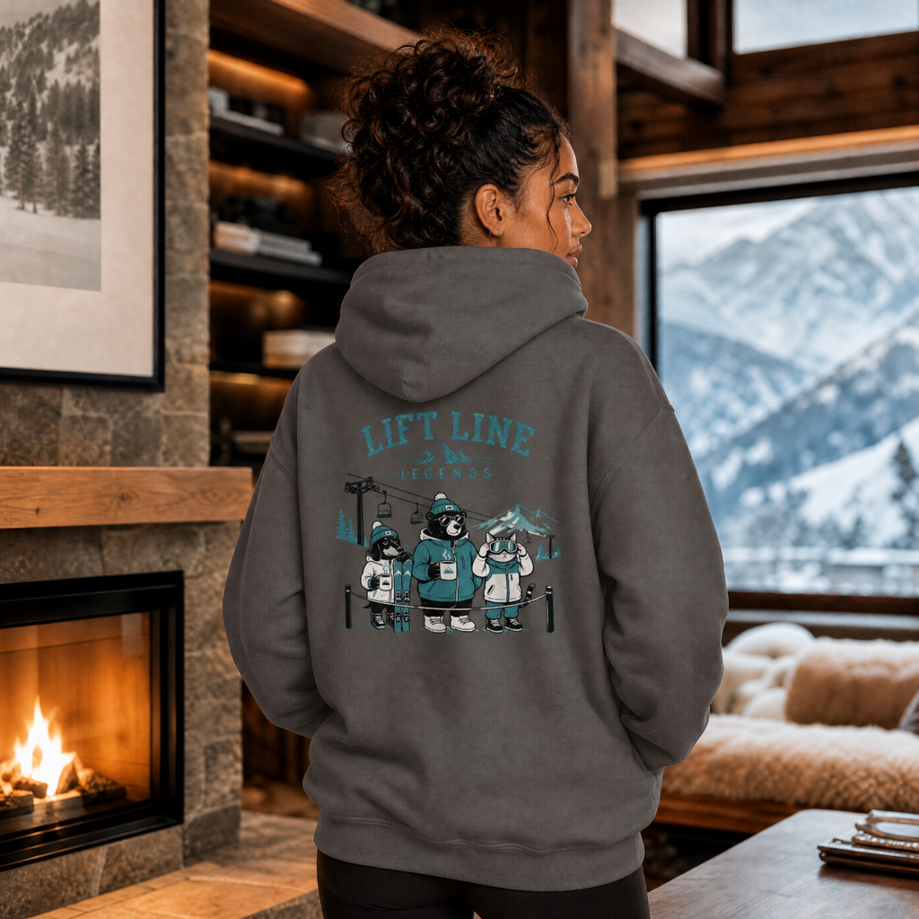 Person wearing a hoodie with a bear graphic and 'Lift Line' text, standing in a cozy room with a fireplace and mountain view.