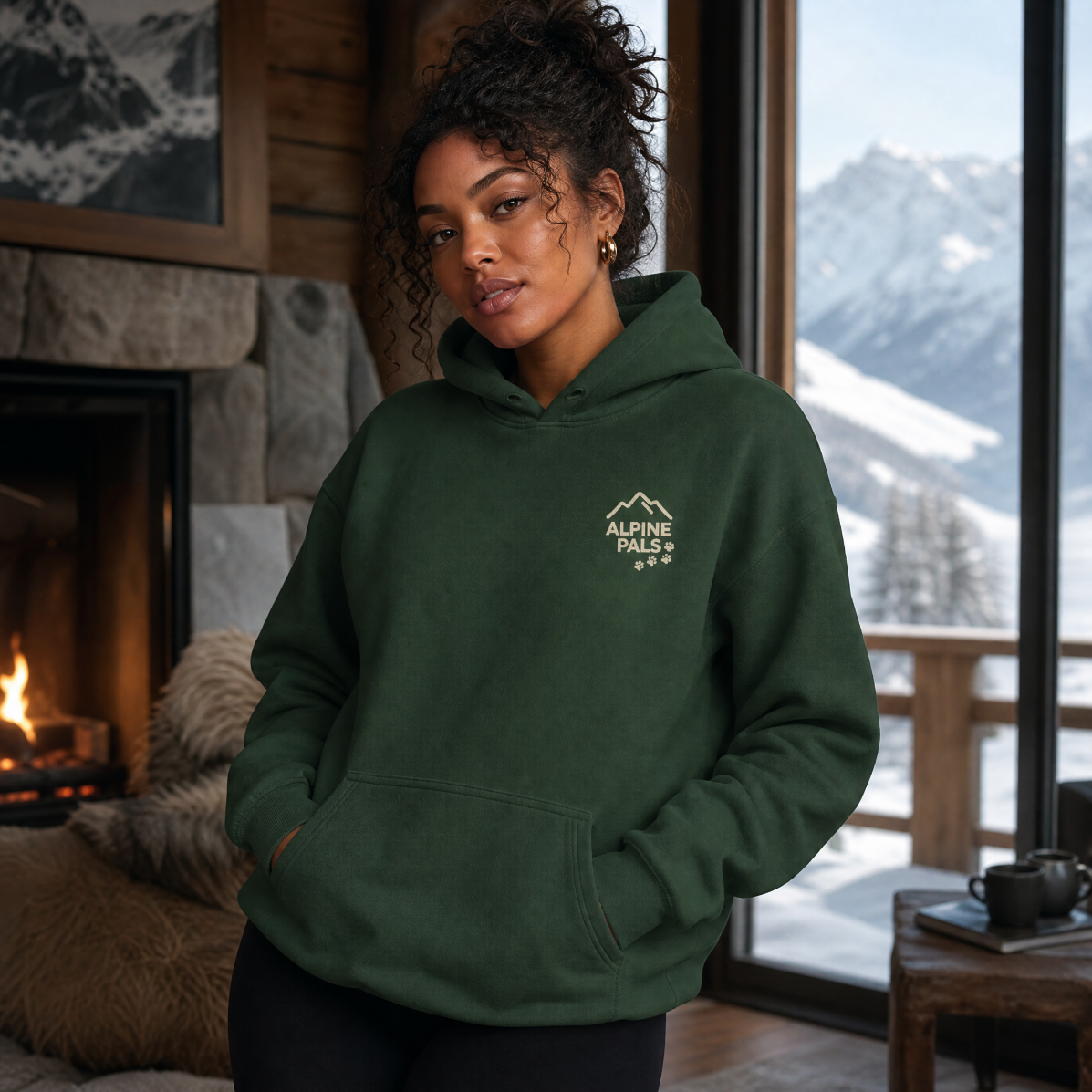 Woman wearing a forest green hoodie with a logo in a room with a fireplace and mountain view.