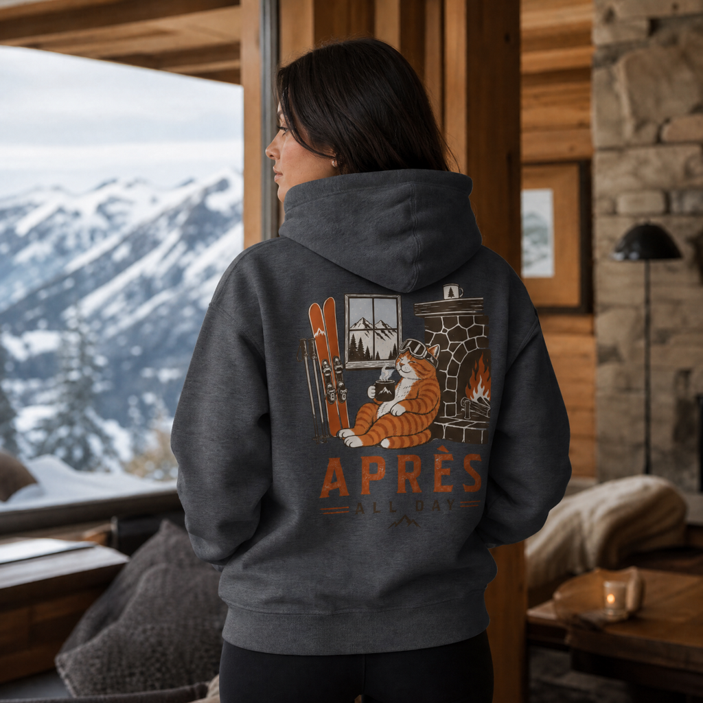 Person wearing a hoodie with a cat graphic and 'APRES ALL DAY' text, looking out a window at snowy mountains.