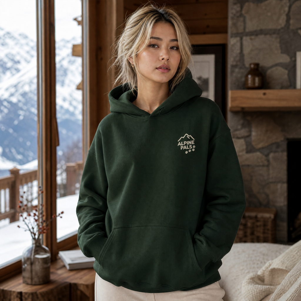 Woman wearing a forest green hoodie with a logo in a cozy room with mountain view