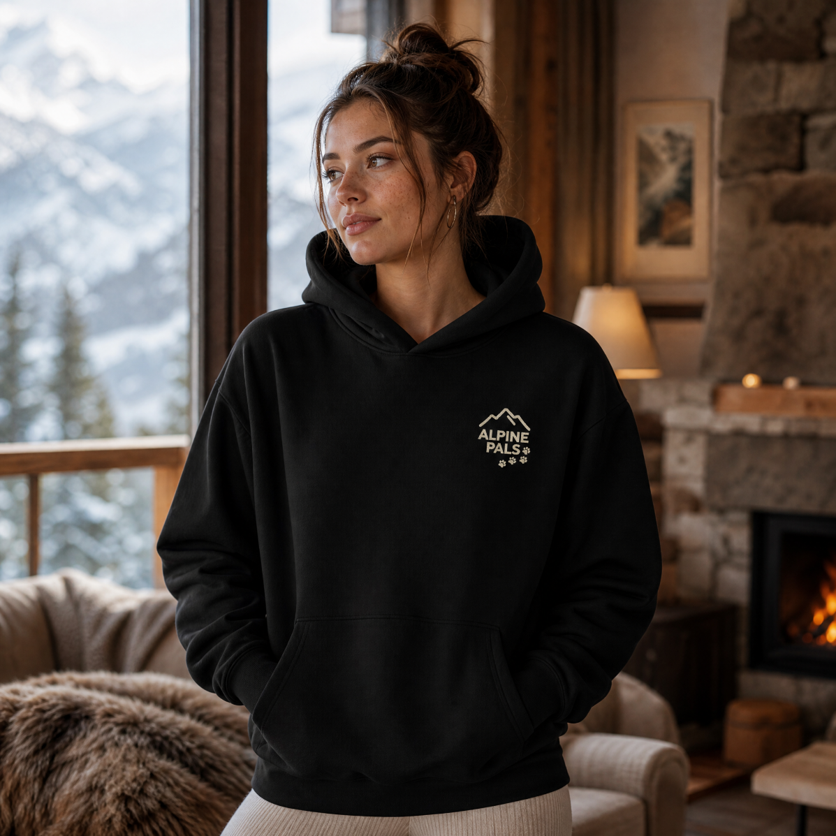 Woman wearing a black hoodie with a mountain logo in a cozy living room with a fireplace and mountain view.