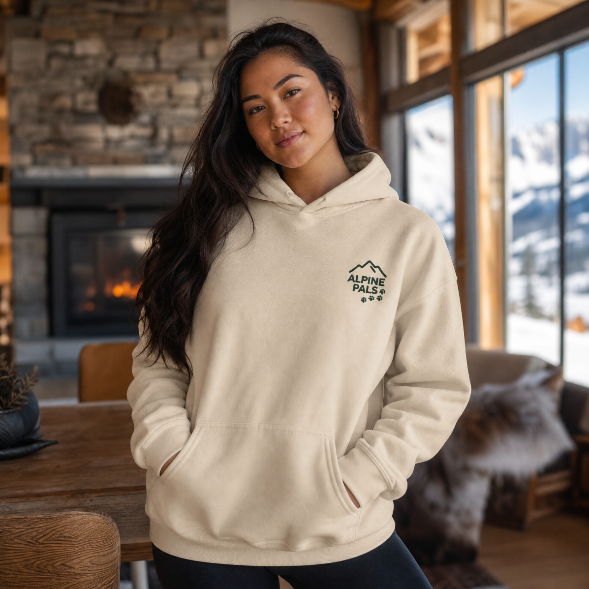 Woman wearing a sand colored hoodie that has an "Alpine Pals" logo.