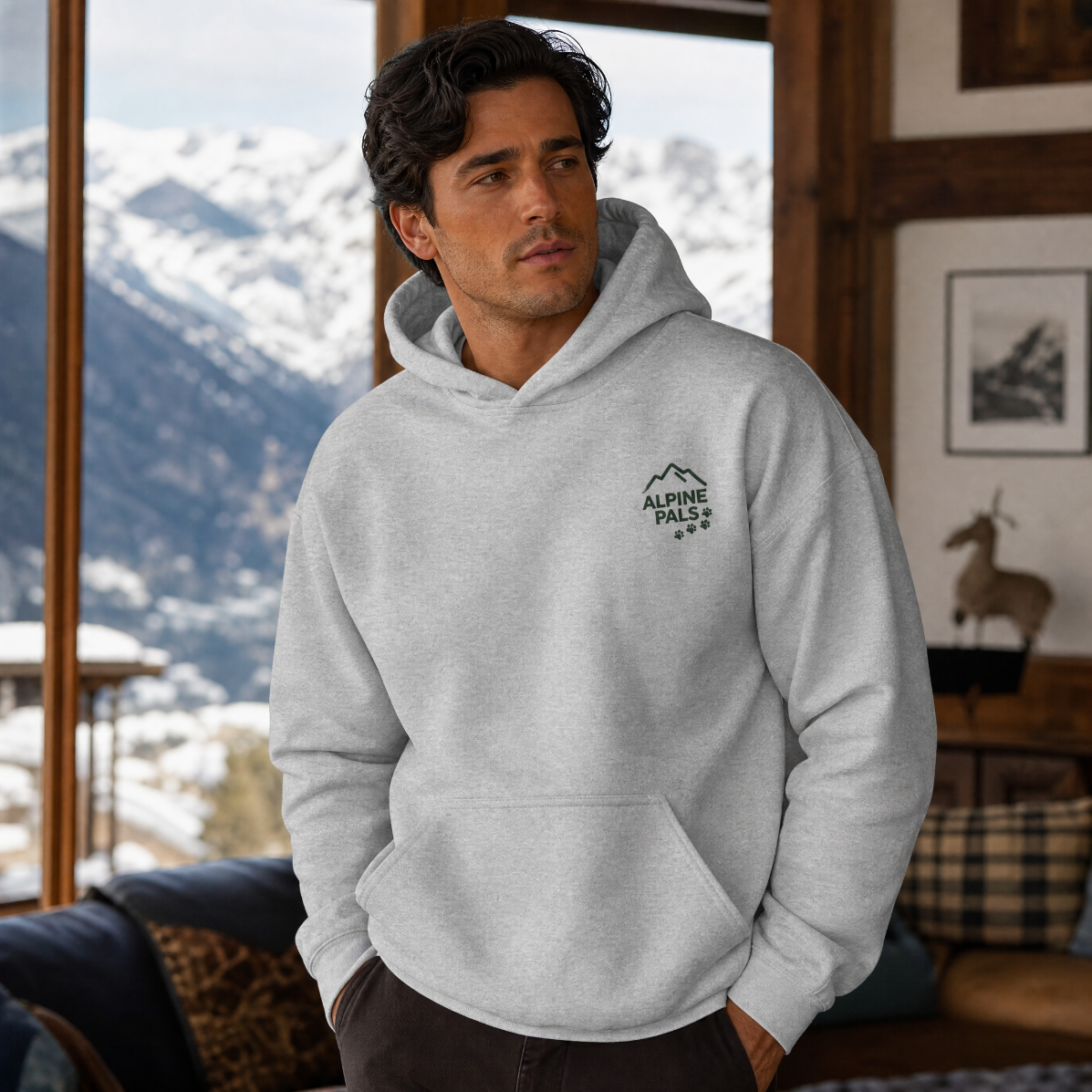 Man wearing a sport grey hoodie with "Aline Pals" logo in a cozy lodge setting.