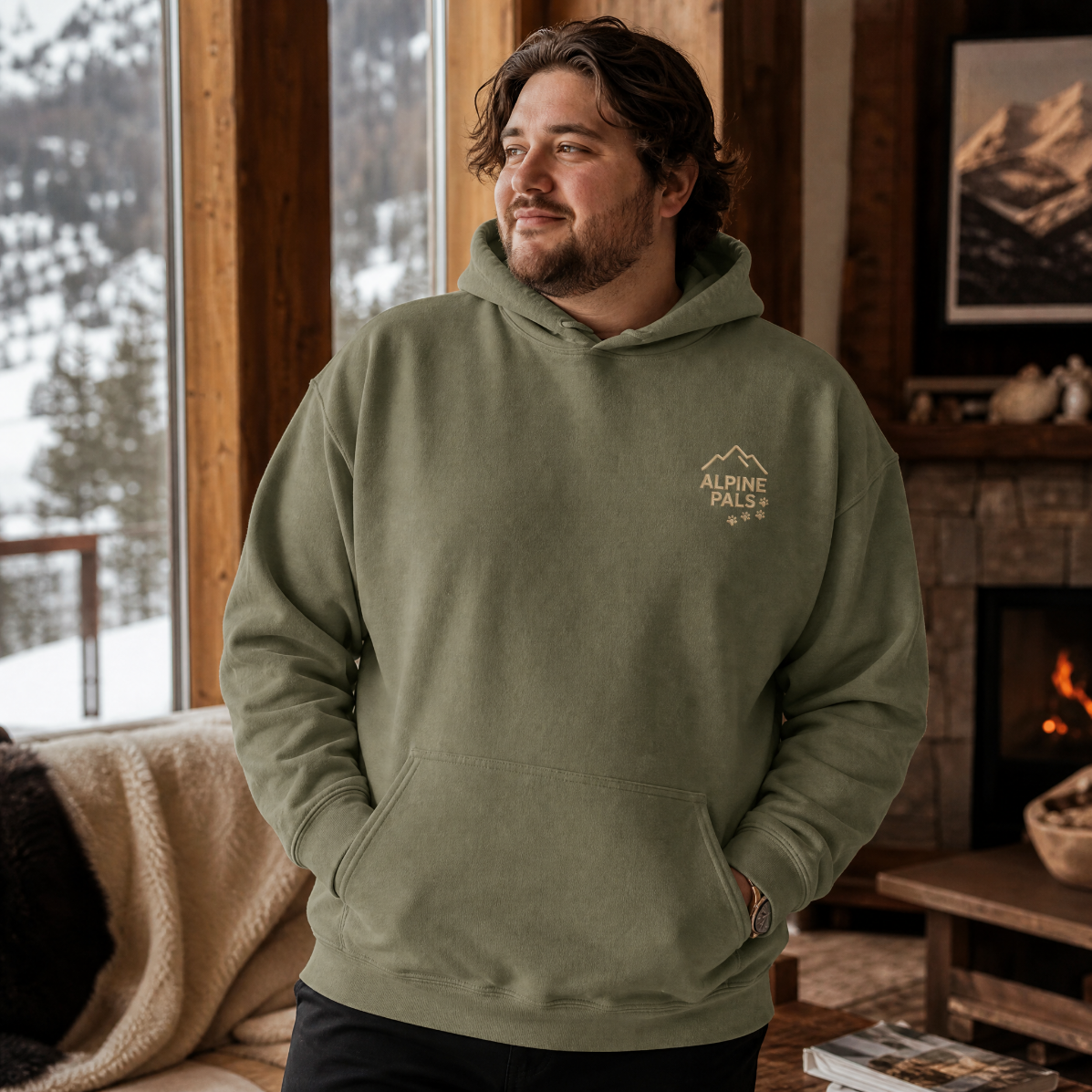 Man wearing a military green hoodie with a logo, standing in a cozy room with a fireplace and snowy outdoor view.