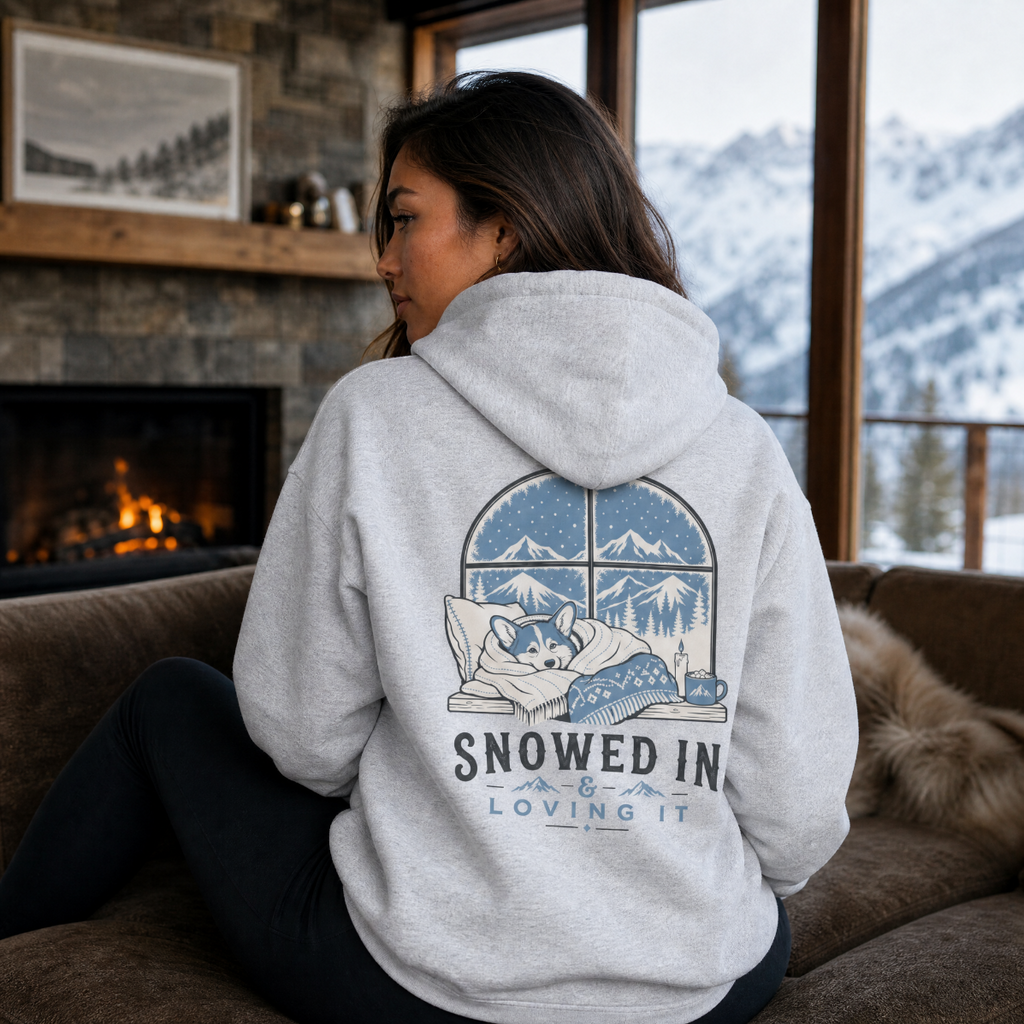 Person wearing a hoodie with a snowy scene design sitting in a cozy room with a fireplace and mountain view.
