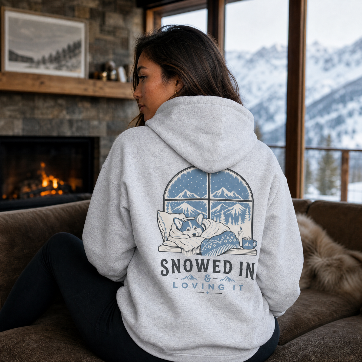 Person wearing a hoodie with a snowy scene design sitting in a cozy room with a fireplace and mountain view.