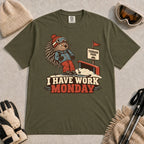Hemp tee featuring a cautious porcupine skier beside a terrain park rail and sign above the phrase “I Have Work Monday.”