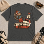 Dark Heather Gray tee featuring a cautious porcupine skier beside a terrain park rail and sign above the phrase “I Have Work Monday.”