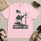 Blossom tee featuring a cool duck skier pointing to a blue-square trail sign above the phrase “I Know My Limits.”