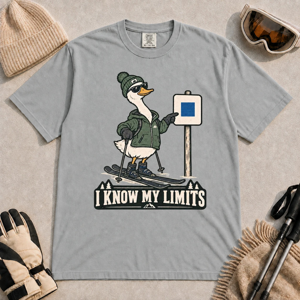 Granite tee featuring a cool duck skier pointing to a blue-square trail sign above the phrase “I Know My Limits.”