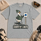 Granite tee featuring a cool duck skier pointing to a blue-square trail sign above the phrase “I Know My Limits.”