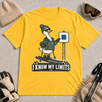 Daisy tee featuring a cool duck skier pointing to a blue-square trail sign above the phrase “I Know My Limits.”