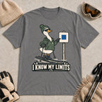 Graphite Heather tee featuring a cool duck skier pointing to a blue-square trail sign above the phrase “I Know My Limits.”