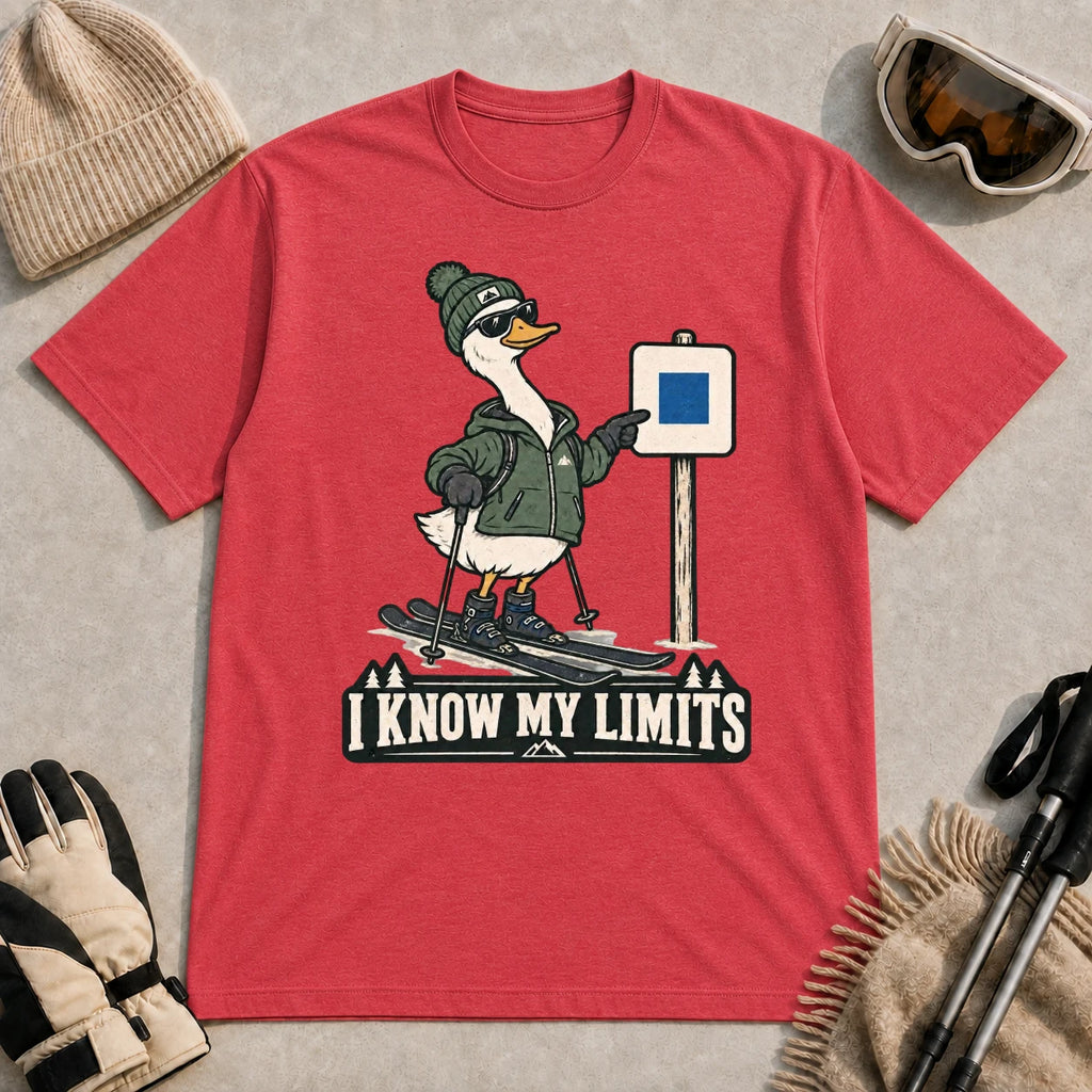 Heather Red tee featuring a cool duck skier pointing to a blue-square trail sign above the phrase “I Know My Limits.”