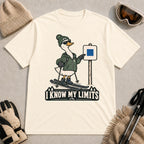 Natural tee featuring a cool duck skier pointing to a blue-square trail sign above the phrase “I Know My Limits.”