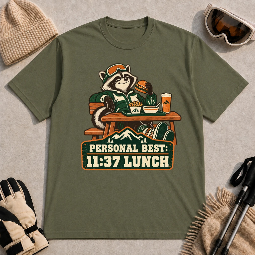 Military Green tee featuring a relaxed raccoon enjoying a burger and fries at a mountain lodge table above the phrase “Personal Best: 11:37 Lunch.”