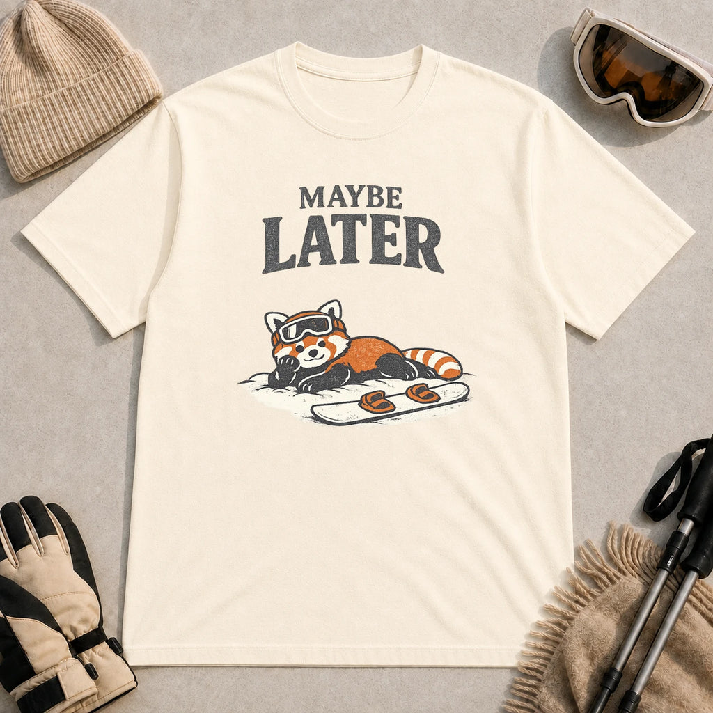 Natural t-shirt featuring a relaxed red panda in ski goggles lying in the snow beside a snowboard beneath the text “Maybe Later.”