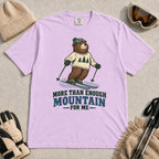 Orchid tee featuring a smiling bear skiing in retro mountain gear above the phrase “More Than Enough Mountain for Me.”