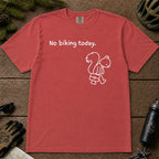 Crimson tee featuring a sad squirrel dressed for work and carrying a briefcase beneath the phrase “No biking today.”