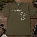 Hemp tee featuring a sad squirrel dressed for work and carrying a briefcase beneath the phrase “No biking today.”