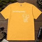 Mustard tee featuring a sad squirrel dressed for work and carrying a briefcase beneath the phrase “No biking today.”