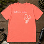 Coral Silk tee featuring a sad squirrel dressed for work and carrying a briefcase beneath the phrase “No biking today.”