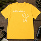 Daisy tee featuring a sad squirrel dressed for work and carrying a briefcase beneath the phrase “No biking today.”