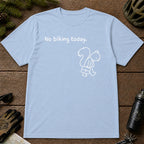 Light Blue tee featuring a sad squirrel dressed for work and carrying a briefcase beneath the phrase “No biking today.”