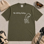 Hemp tee featuring a sad bear dressed for work and carrying a briefcase beneath the phrase “No skiing today.”