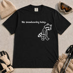 Black tee featuring a sad raccoon dressed for work and carrying a briefcase beneath the phrase “No snowboarding today.”