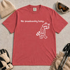 Crimson tee featuring a sad raccoon dressed for work and carrying a briefcase beneath the phrase “No snowboarding today.”