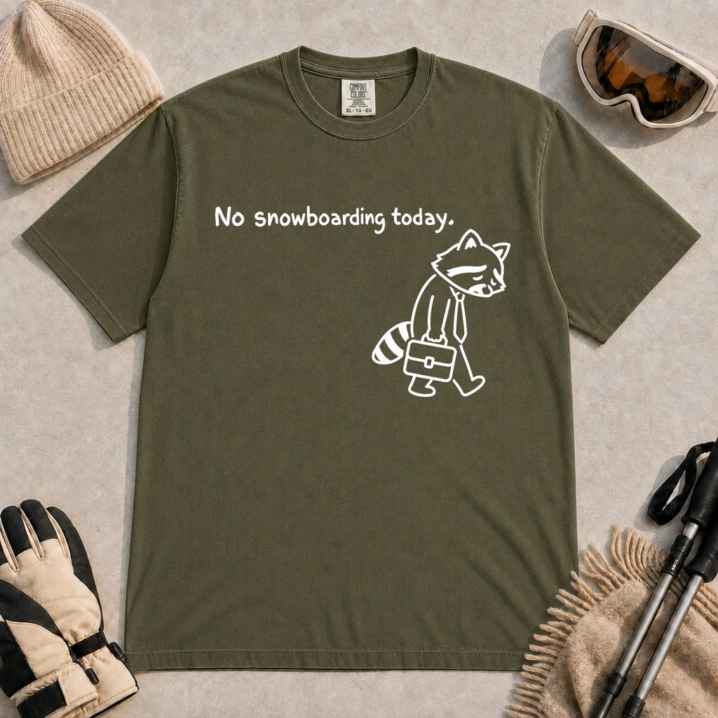 Hemp tee featuring a sad raccoon dressed for work and carrying a briefcase beneath the phrase “No snowboarding today.”