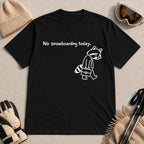 Black tee featuring a sad raccoon dressed for work and carrying a briefcase beneath the phrase “No snowboarding today.”