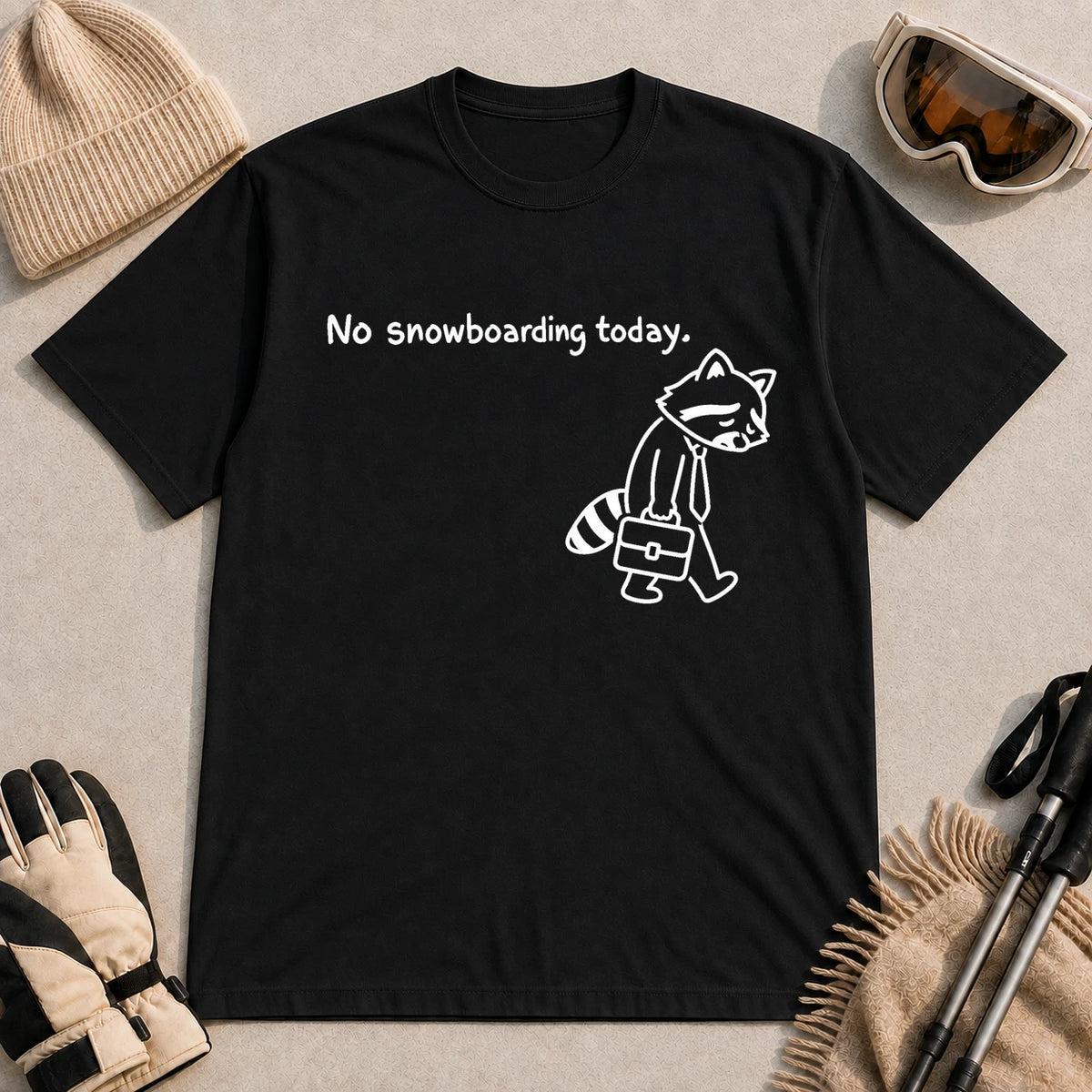 Black tee featuring a sad raccoon dressed for work and carrying a briefcase beneath the phrase “No snowboarding today.”