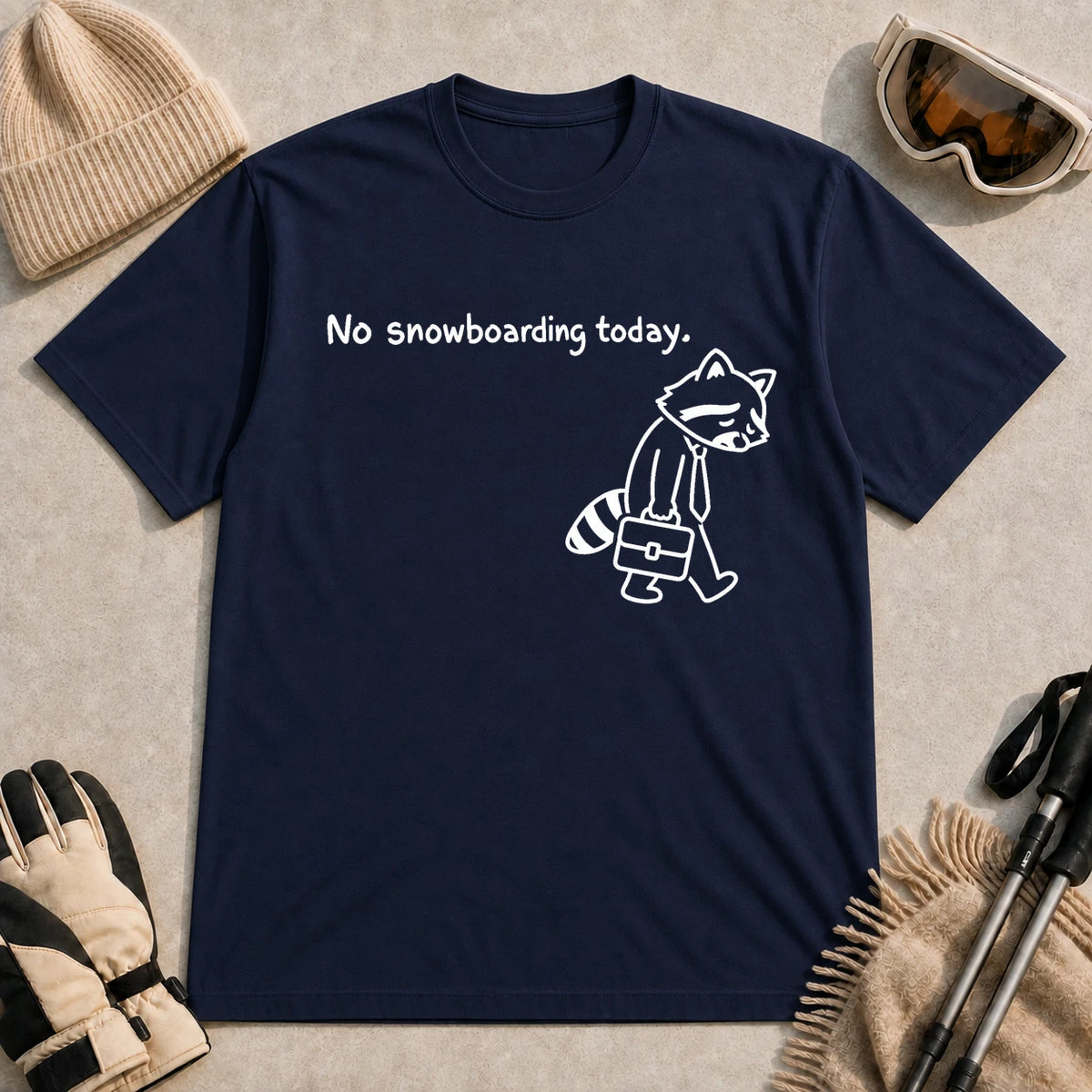 Navy tee featuring a sad raccoon dressed for work and carrying a briefcase beneath the phrase “No snowboarding today.”