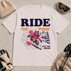 Ice Grey tee featuring a bear snowboarding through powder in a retro mountain scene with the phrases “Ride the Pow” and “Live the Dream.”