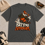 Dark Heather Gray tee featuring a polar bear skiing through a spooky Halloween scene with a ghost and crescent moon above the phrase “Ski You in the Afterlife.”