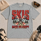 Granite tee featuring crossed skis and poles in front of bold retro “Skis” lettering with the phrase “Make Me Happy, You Not So Much.”