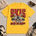 Daisy tee featuring crossed skis and poles in front of bold retro “Skis” lettering with the phrase “Make Me Happy, You Not So Much.”