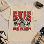Sand tee featuring crossed skis and poles in front of bold retro “Skis” lettering with the phrase “Make Me Happy, You Not So Much.”