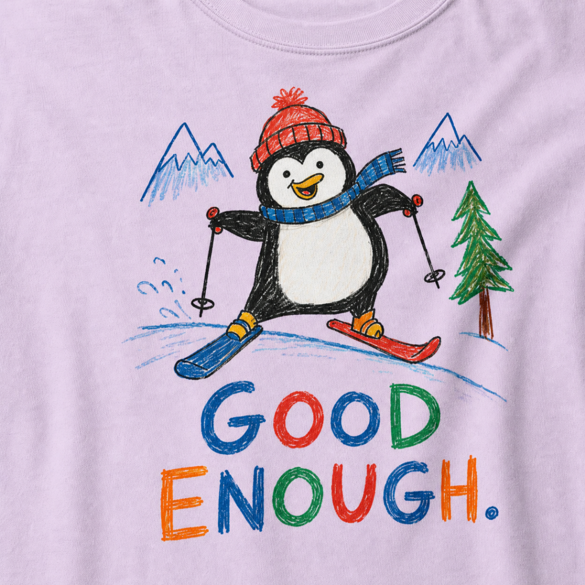 Close-up of an orchid t-shirt with a playful hand-drawn penguin ski graphic, snowy mountain details, and large colorful “Good Enough.” text.