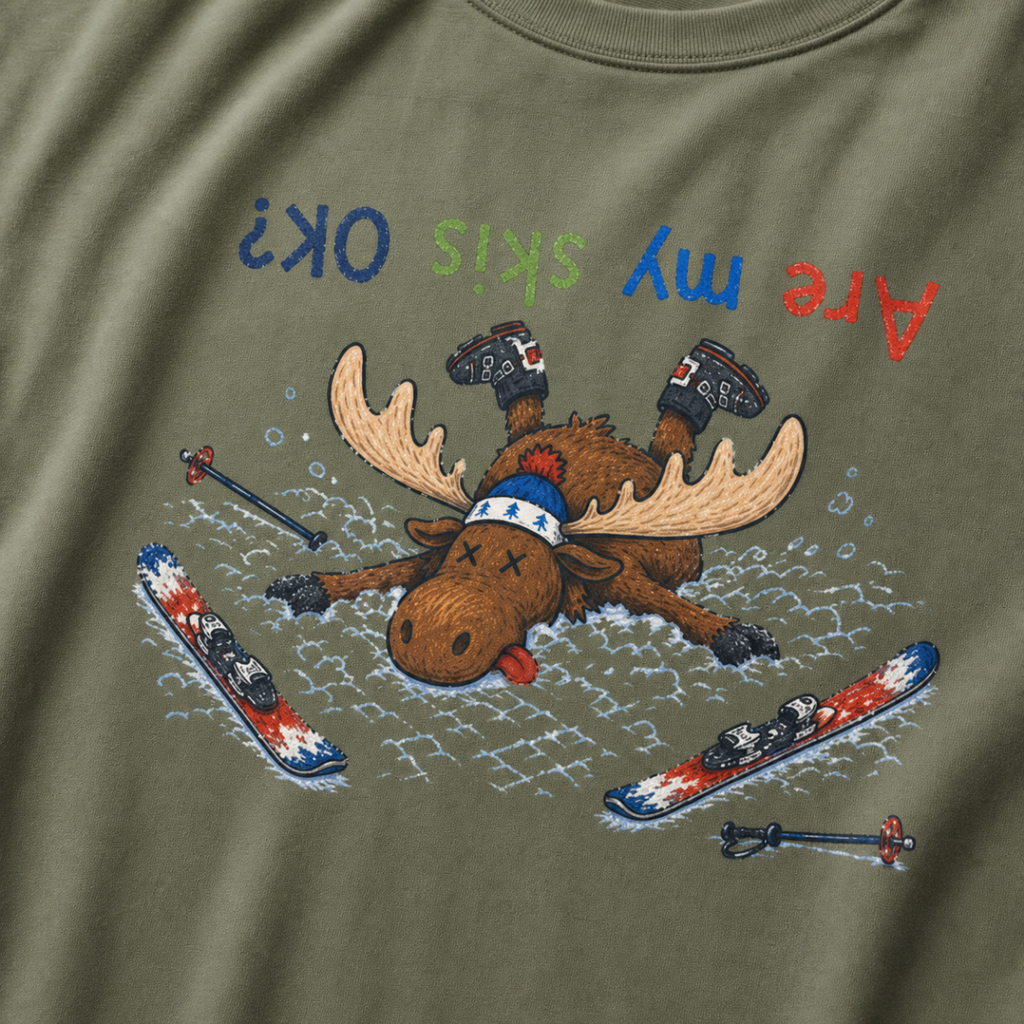 Close-up of a moss green t-shirt showing a crashed moose lying upside down in the snow with loose ski gear and colorful “Are My Skis OK?” text.