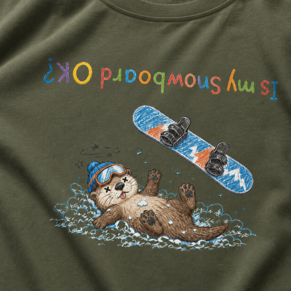 Close-up of a hemp green t-shirt showing a crashed otter in ski goggles with a snowboard flying overhead and colourful upside-down “Is My Snowboard OK?” text.