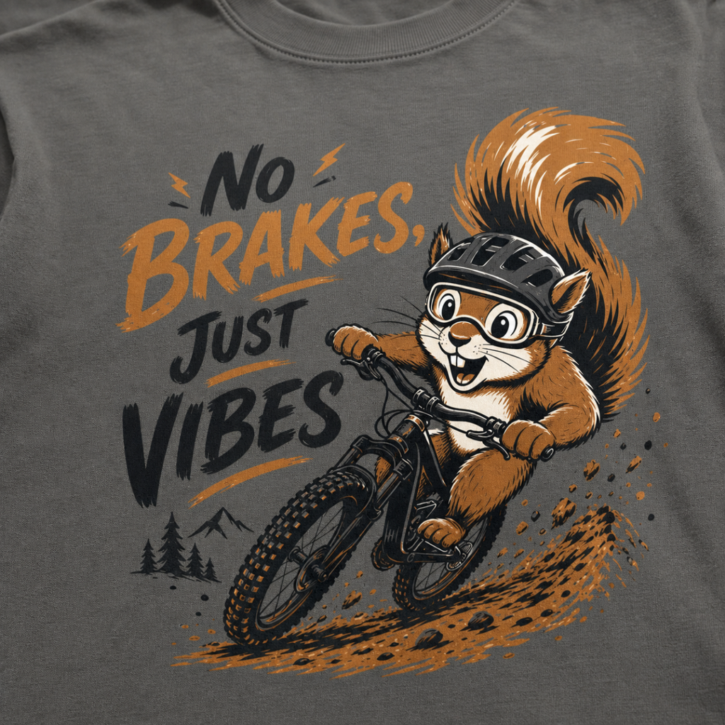 Close-up of a pepper gray t-shirt featuring a helmeted squirrel riding a mountain bike with “No Brakes, Just Vibes” text.