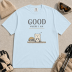 Chambray tee featuring a small polar bear holding a warm mug beside ski goggles, with the phrase “Good Where I Am.”
