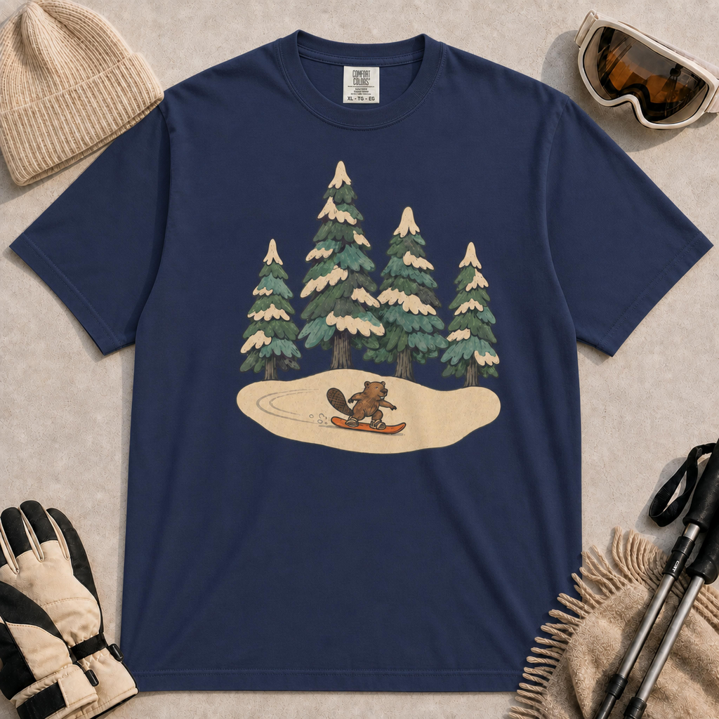True Navy t-shirt featuring a small beaver riding an orange snowboard through a snowy forest clearing surrounded by four tall evergreen trees.