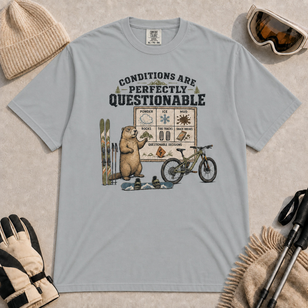 Granite tee featuring a marmot presenting a questionable conditions chart beside skis, a snowboard and a mountain bike, with “Conditions Are Perfectly Questionable” text.