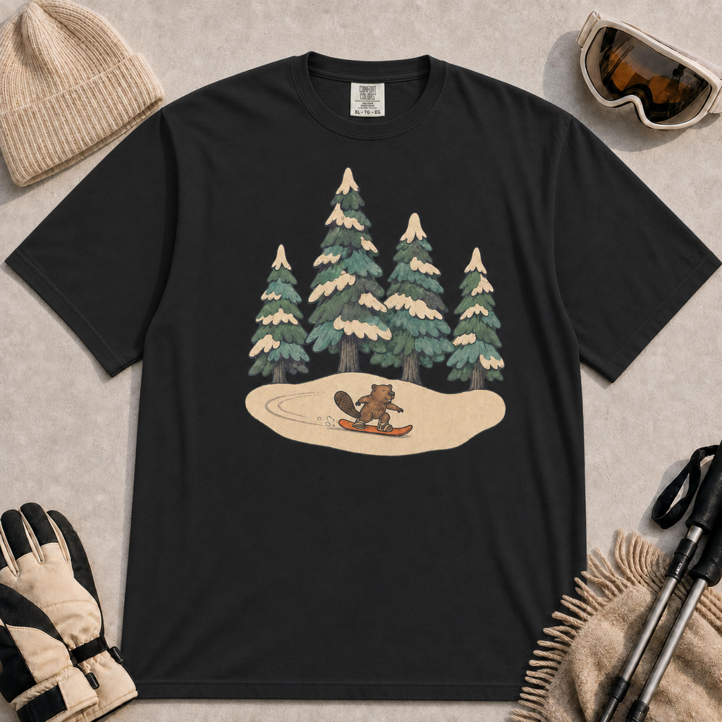 Black t-shirt featuring a playful beaver snowboarding across a cream-coloured snowy clearing beneath a cluster of snow-covered pine trees.